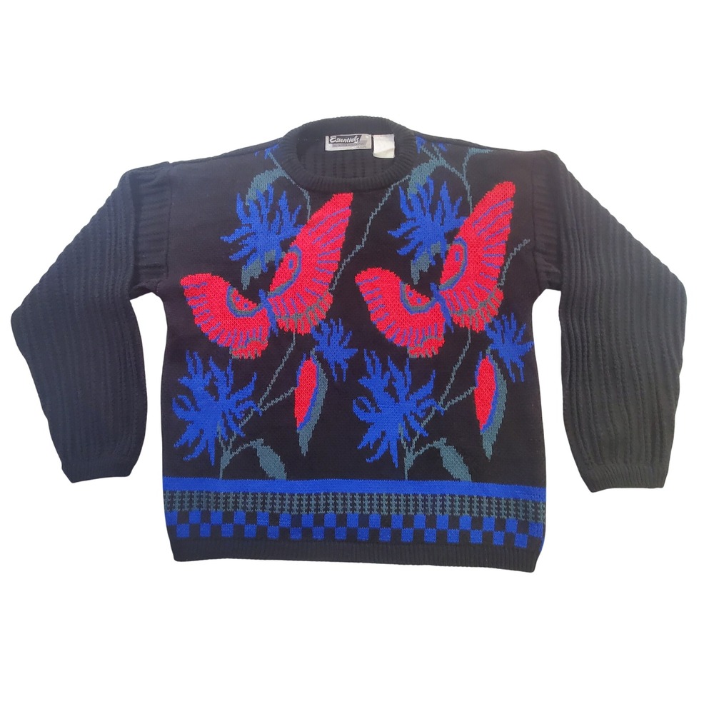 Vintage Essentials Black Butterfly Floral Knit Pullover Sweater Retro 80s 90s